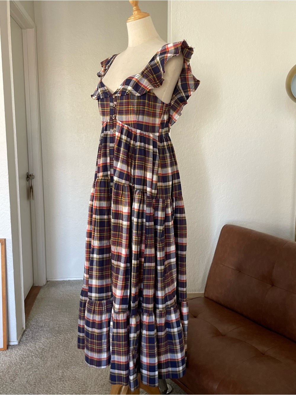 Anthropologie Pilcro Plaid Flannel Flutter Sleeve Buttoned Tiered Midi Dress - Picture 4 of 11
